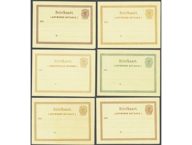 6 proeven Briefkaart (antwoord betaald.) met 4 adreslijnen, van der Loo 11, dubbelkaarten, links samenhangend, 1e en 3e zijde