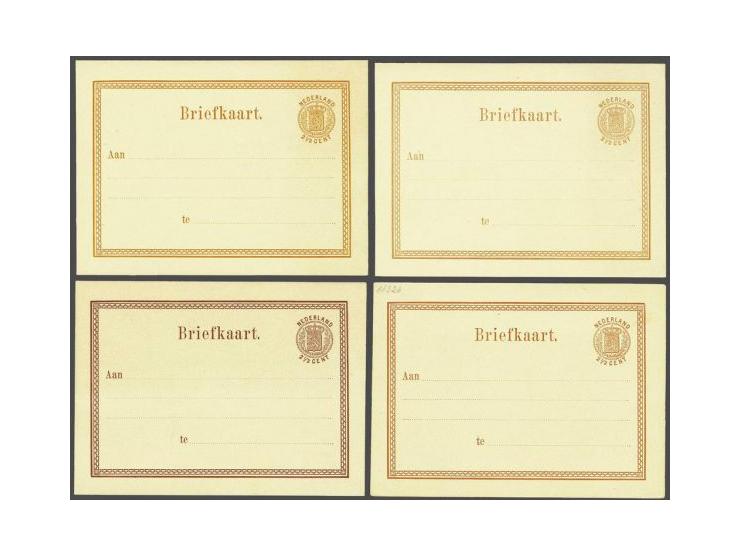 4 proeven Briefkaart 2½ cent met 4 tekstregels, van der Loo 12, in paarsbruin, oranje, roodbruin en geelroranje, pracht ex.