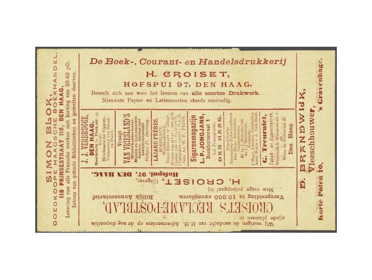 Croiset reclame postblad 5 cent Wilhelmina 's-Gravenhage-Amsterdam 12 jan 97, vrijwel pracht ex.
