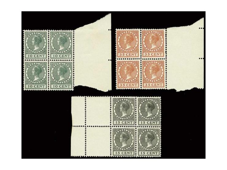 Tentoonstelling 10 - 35 cent in blokken van 4 met velrand, nr. 136 2 ex. gomvouw en nr. 138 1 ex. plakkerrestje, cat.w. 875