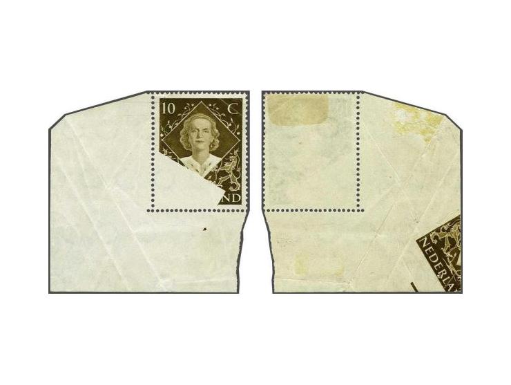 Inhuldigingszegel Juliana 10 cent hoekrandstuk met spectaculaire variëteit door papiervouw deels onbedrukt (ontbrekende deel 