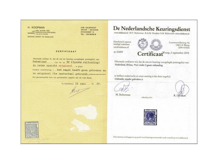 Driegaats 7½ cent violet gesneden in de postzegelplakmachine met stempel Amsterdam 17-12-1927, pracht ex. met certificaten Ko