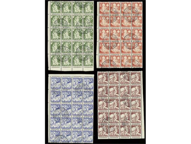 Kind 1½ t/m 12½ cent in (hoek)blokken van 20 waarin 8 verticale paren, pracht ex. (1 ex. R89 miniem geel vlekje) cat.w. 728+