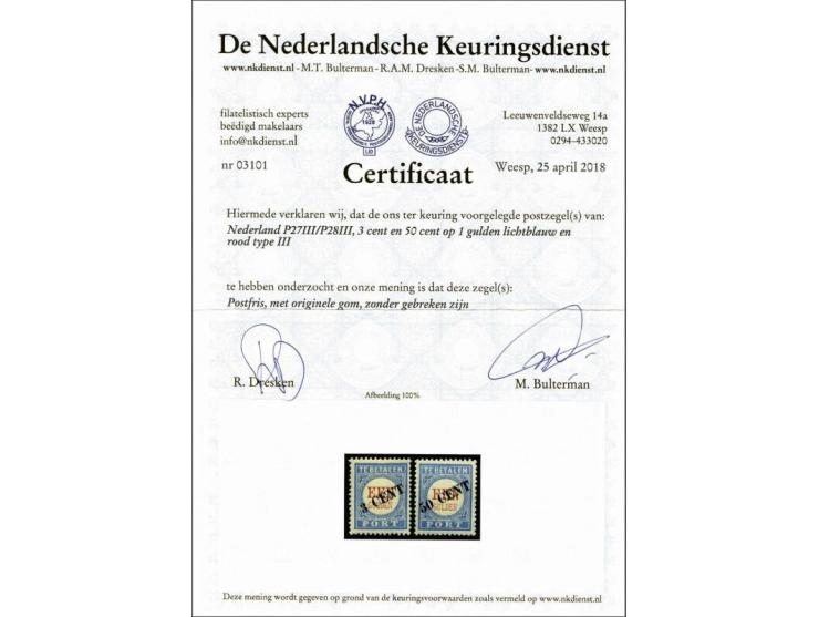 Opruimingsuitgifte 3 en 50 cent op 1 gulden blauw en rood type III met certificaat NKD 2018 (P27 originele zwarte spikkeltjes