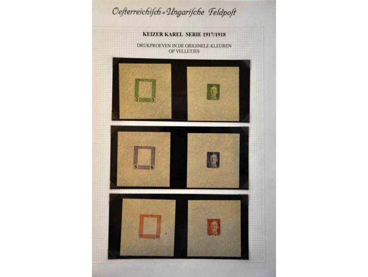 Fieldpost. Karl 1 heller - 10 kronen, imperforated proofs in the chosen colours on normal paper, one set with only frame and 