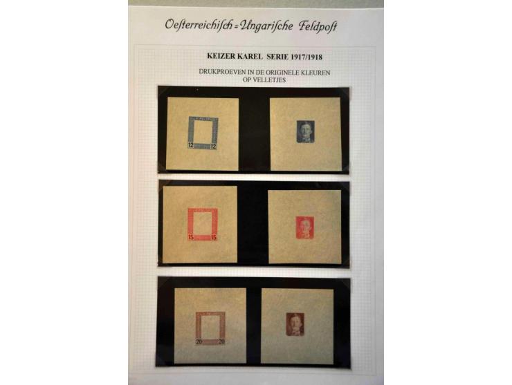 Fieldpost. Karl 1 heller - 10 kronen, imperforated proofs in the chosen colours on normal paper, one set with only frame and 