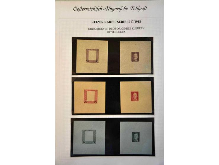 Fieldpost. Karl 1 heller - 10 kronen, imperforated proofs in the chosen colours on normal paper, one set with only frame and 
