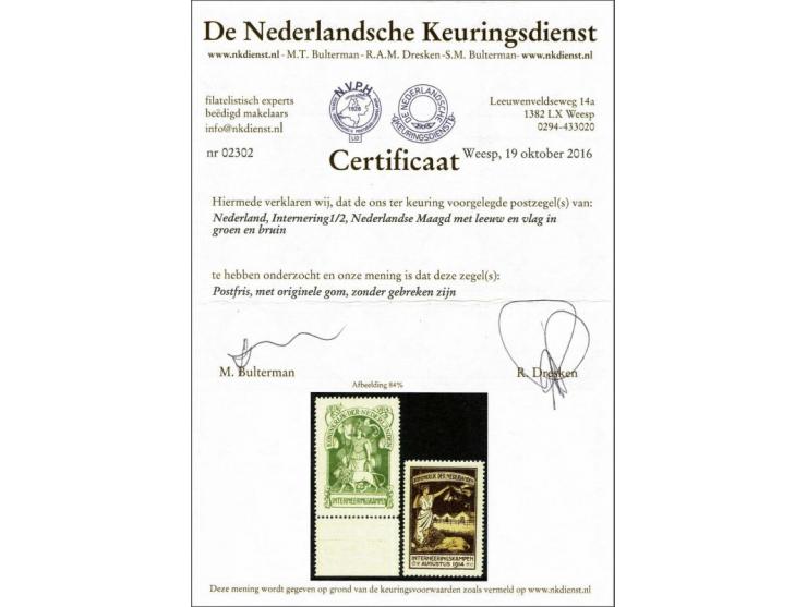 Nederlandse Maagd in groen en bruin (IN1 met velrand) met certificaat NKD 2016, cat.w. 650