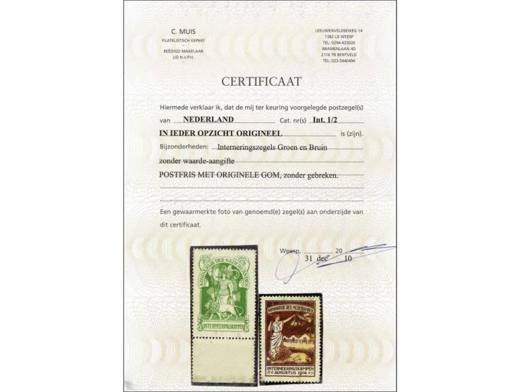 Nederlandse Maagd in groen en bruin (IN1 met velrand) met certificaat Muis 2010, cat.w. 650