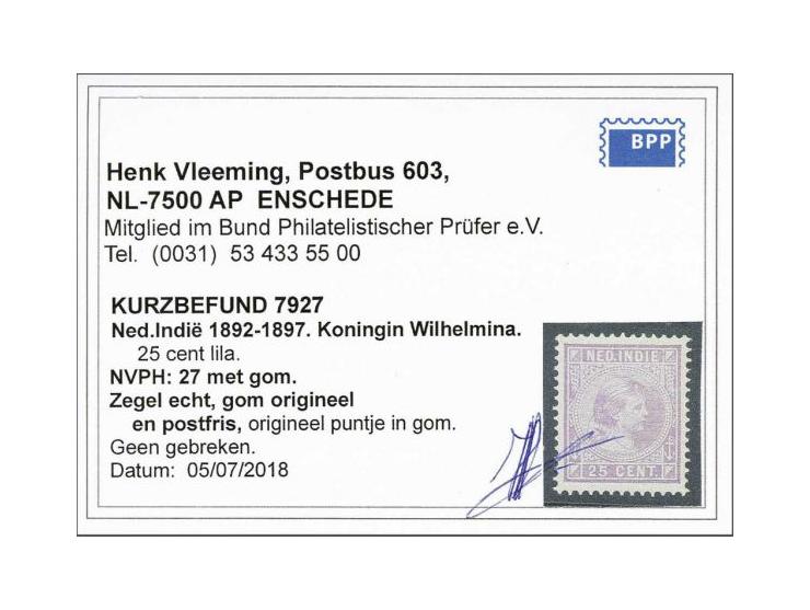 Hangend Haar 25 cent lila met attest Vleeming 2018, cat.w. 135 