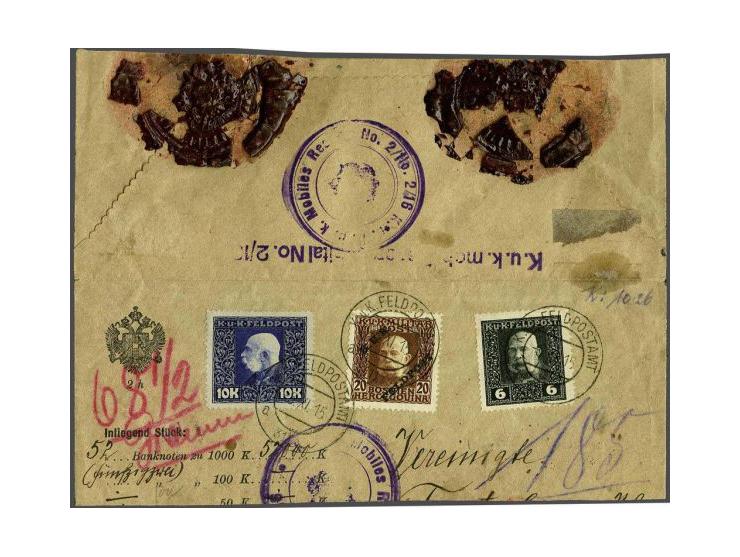 Fieldpost. Franz Joseph 10 kronen ultramarine on grey on part of postal form, very fine