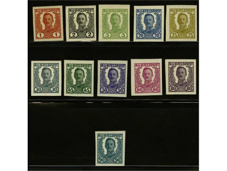 Fieldpost. Non issued Karl 1 - 90 heller imperforated proofs in changed colours, very fine unmounted mint (20 heller without 