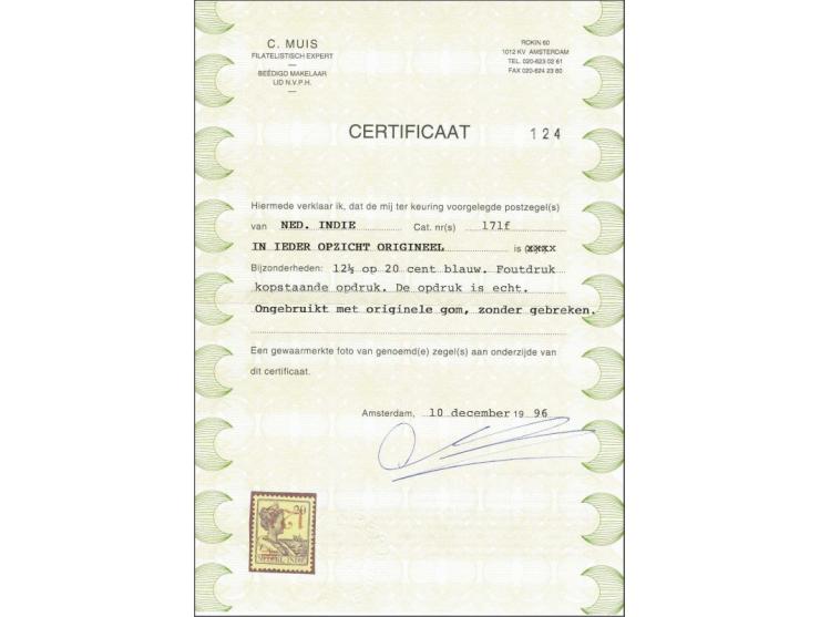 Hulpuitgifte 12½ op 20 cent met variëteit opdruk kopstaand, pracht ex. (gom licht getint) met certificaat Muis 1996, cat.w. 4