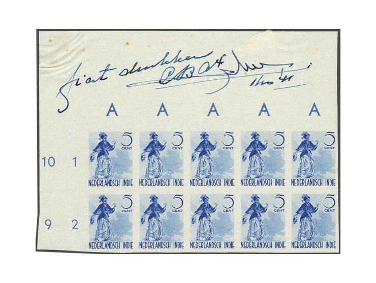 Danser 5 cent, ongetande proef in veldeel van 10 stuks met notitie op velrand fiat drukken CB A4 1/10 '41 en handtekening, pr