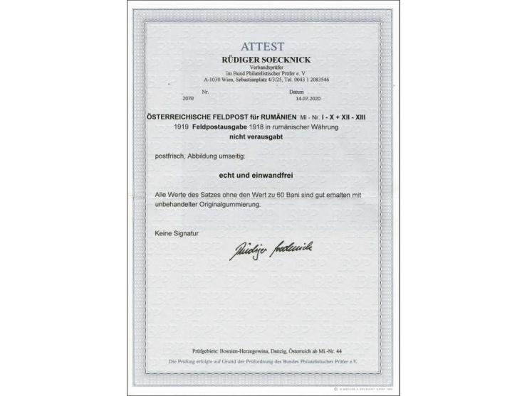 Fieldpost Romania. Non issued Karl I 1 - 90 bani (60 bani missing), very fine unmounted mint with 2020 Rüdiger Soecknick cert