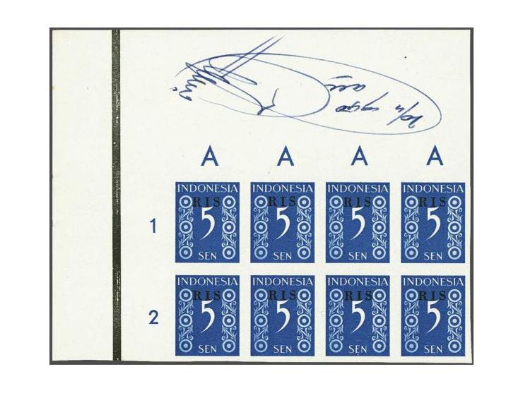 RIS 5 Sen in ongetand hoekblok van 8 met notitie 20/4 1950 acc met handtekening, pracht ex., cat.w. 5600