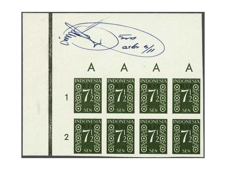 RIS 7½ Sen in ongetand hoekblok van 8 met notitie 11/4 1950 acc met handtekening, pracht ex., cat.w. 5600