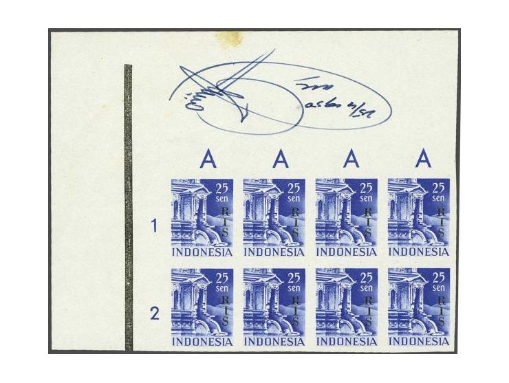 RIS 25 Sen in ongetand hoekblok van 8 met notitie 25/4 1950 acc met handtekening pracht ex. (in uiterste velrand bruin vlekje