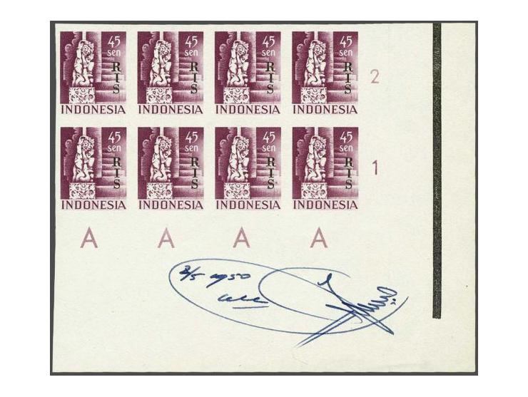 RIS 45 Sen in ongetand hoekblok van 8 met notitie 2/5 1950 acc met handtekening, pracht ex., cat.w. 5600