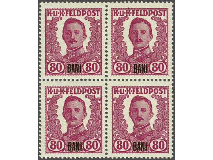 Fieldpost Romania. Non issued Karl I 80 bani lilac rosa in unmounted mint block of 4 with 2020 Rüdiger Soecknick certificate,