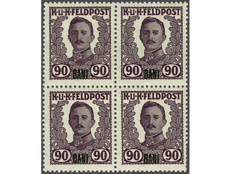 Fieldpost Romania. Non issued Karl I 90 bani brown lilac in unmounted mint block of 4 with 2020 Rüdiger Soecknick certificate