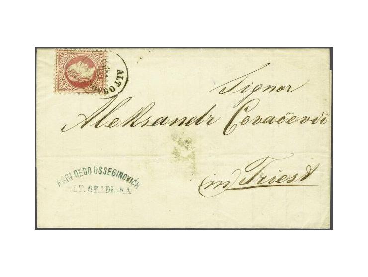 Forerunner. Austrian Franz Joseph 5 Kreuzer 1867 on entire letter from Banja Luka 9-3-1870 to Triest, forwarded in Alt Gradis