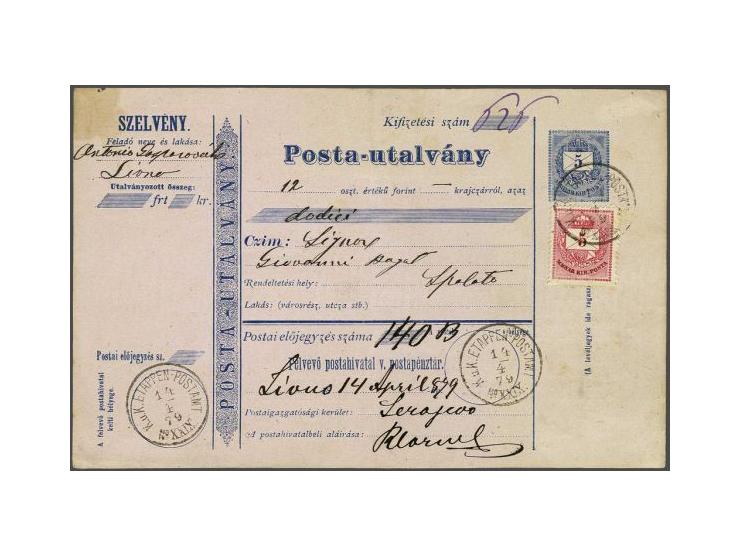 Forerunner. Hungarian money order 5 filler additionally franked with 5 filler red from Livno (K.u.K. Etappen-Postamt XXIX) 14