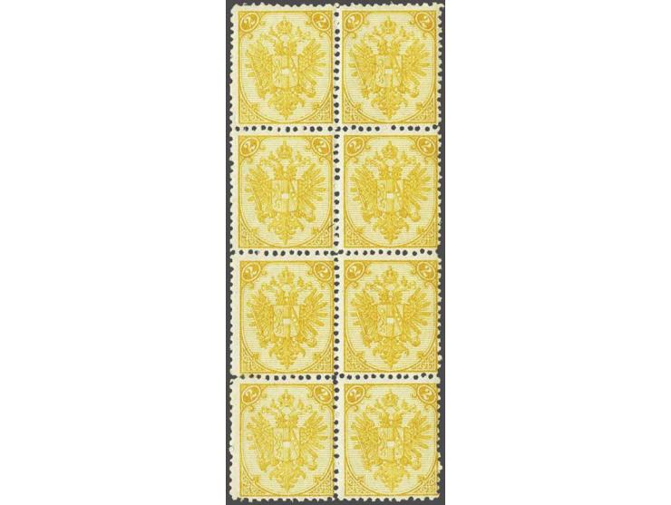 Coat of Arms 2 kreuzer yellow lithographic printing perforated 12 in block of 8 in which 4 stamps unmounted mint, very fine a