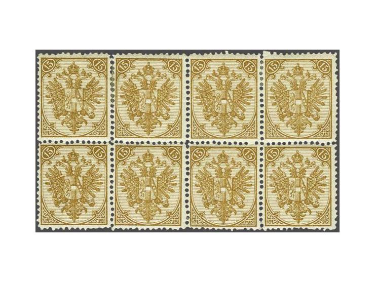 Coat of Arms 15 kreuzer brown type B lithographic printing perforated 13 in block of 8 in which 2 stamps unmounted mint, very