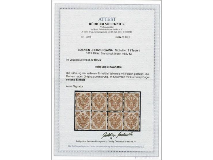 Coat of Arms 15 kreuzer brown type B lithographic printing perforated 13 in block of 8 in which 2 stamps unmounted mint, very