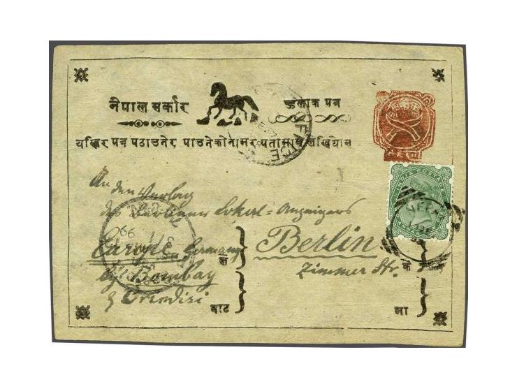 Postcard ½ anna red, 12th printing, Die III, horse type V, used with British Indian stamp 2 annas six pies from Kathmandu Nep