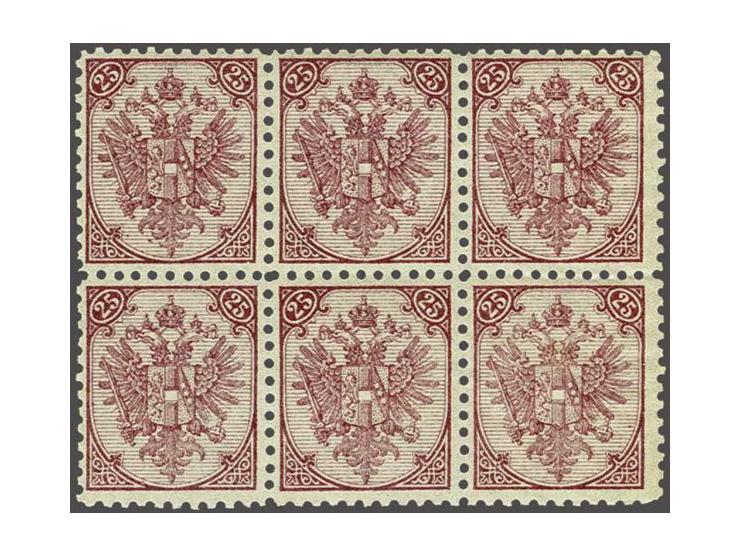 Coat of Arms 25 kreuzer purple lithographic printing perforated 10½ in block of 6 in which 5 stamps unmounted mint, very fine
