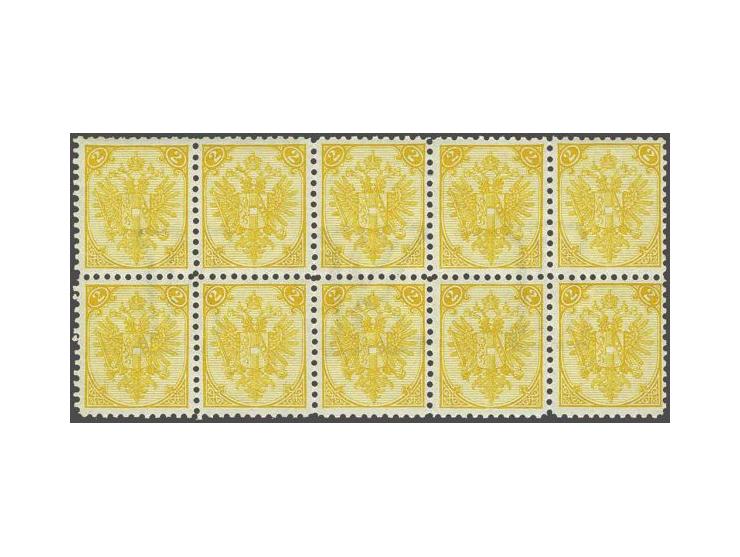 Coat of Arms 2 kreuzer yellow typographic printing perforated 10½ in block of 10 with reversed watermark letters RKE, very fi