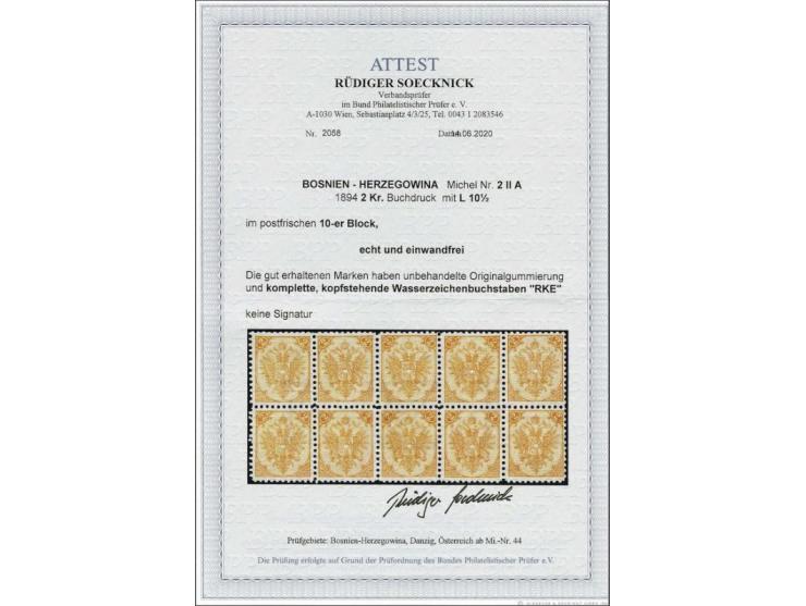Coat of Arms 2 kreuzer yellow typographic printing perforated 10½ in block of 10 with reversed watermark letters RKE, very fi