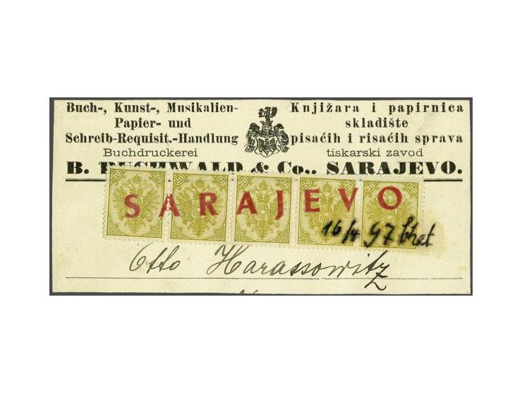 Coat of Arms 20 kreuzer olive green typographic printing in strip of 5 with straight line cancellation Sarajevo in red and wr