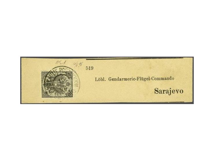 Coat of Arms ½ kreuzer black lithographic printing perforated 10½ on newspaper wrapper locally in Sarajevo 10-?-1896, very fi