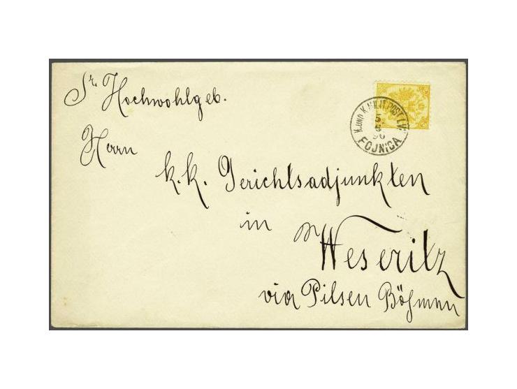 Coat of Arms 2 kreuzer yellow lithographic printing perforated 10½ on printed matter envelope from Fojnica 5-6-1896 to Weseri