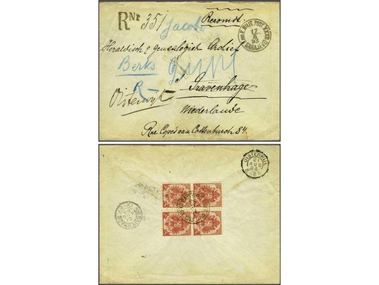 Coat of Arms 5 kreuzer red lithographic printing perforated 10½ (2 pairs) on reverse of cover from Sarajevo 17-8-1893 to The 