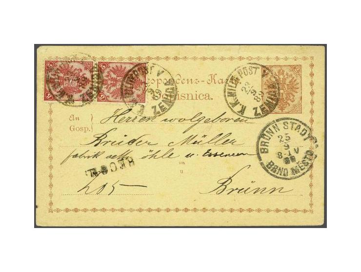 Coat of Arms 5 kreuzer red lithographic printing perforated 10½ in vertical pair on registered postcard Fe. no. 1 from Zenica