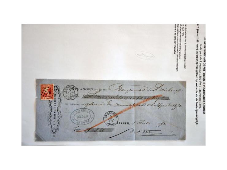 postgeschiedenis Arnhem en omgeving 1812-1900 (ca. 230 ex.) w.b. o.a. emissies 1852, 1864 en 1867 op poststuk, departement-, 