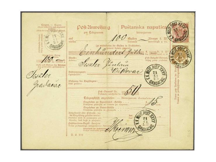 Coat of Arms 5 kreuzer red lithographic printing and 15 kreuzer brown lithographic printing in type B on telegraphic money or