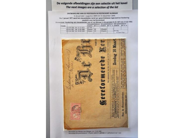 postgeschiedenis Alkmaar en omgeving 1787-1900 (ca. 140 ex.) w.b. emissies 1852, 1864, 1867 en 1872 op poststuk, departement-