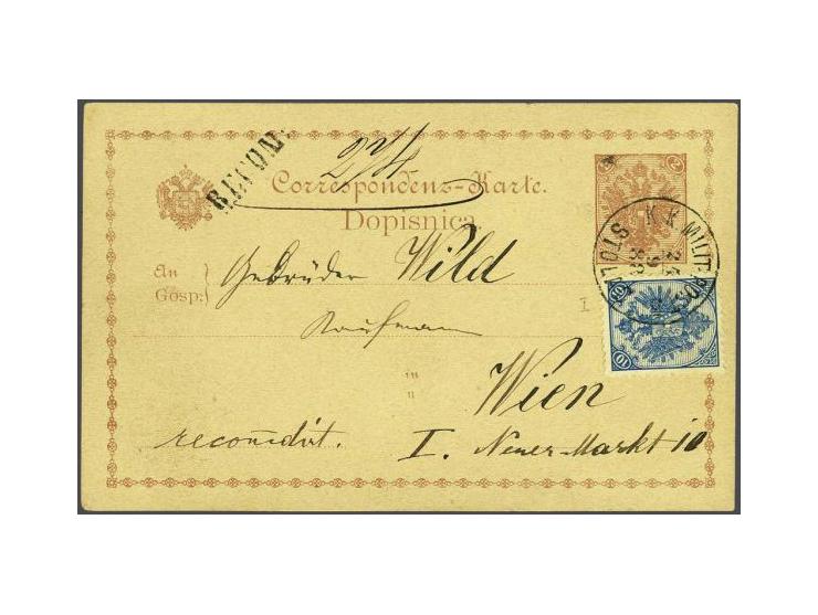 Coat of Arms 10 kreuzer blue lithographic printing on registered postal card Ferchenbauer no.1 from Stolac 24-9-1888 to Vienn