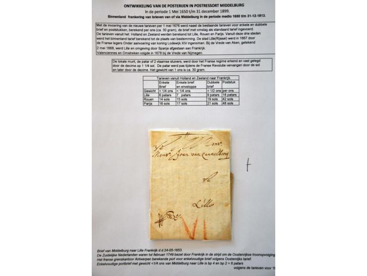 postgeschiedenis Middelburg en omgeving tot ca. 1900 (ca. 95 ex.) w.b. brief uit 1653 naar Lille, departementstempels (o.a. V