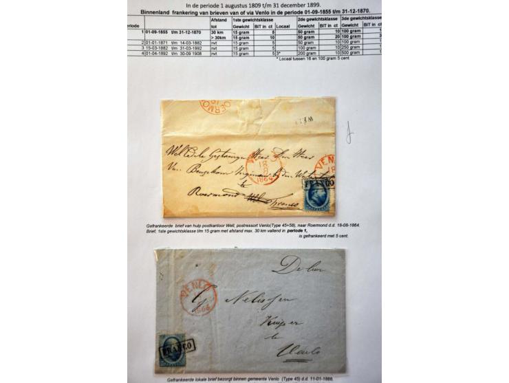 postgeschiedenis Venlo en omgeving tot ca. 1900 (ca. 95 ex.) w.b. o.a. voorfilatelie, briefkaarten en pakketkaart met 4x nr. 