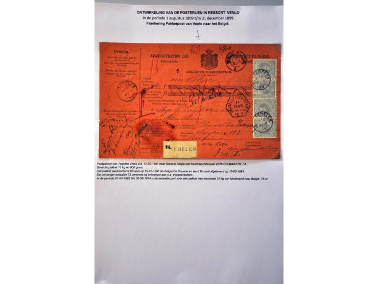 postgeschiedenis Venlo en omgeving tot ca. 1900 (ca. 95 ex.) w.b. o.a. voorfilatelie, briefkaarten en pakketkaart met 4x nr. 
