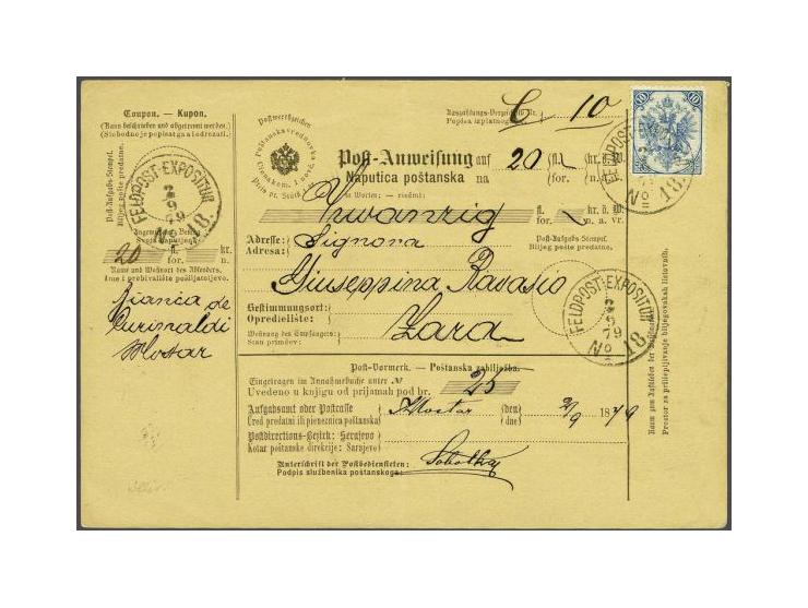 Coat of Arms 10 kreuzer blue lithographic printing perforated 12 on money order from Feldpost Exposition No. 18 (Mostar) 2-9-