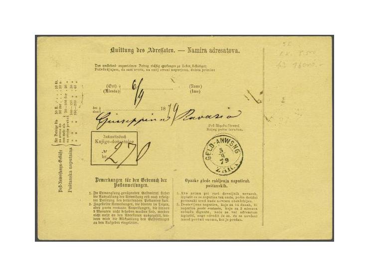 Coat of Arms 10 kreuzer blue lithographic printing perforated 12 on money order from Feldpost Exposition No. 18 (Mostar) 2-9-
