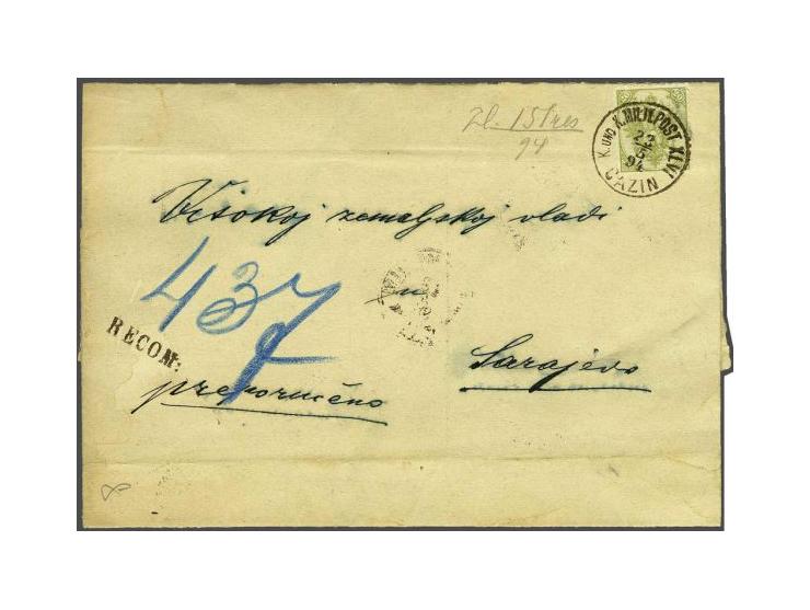 Coat of Arms 20 kreuzer lithographic printing perforated 10½ on registered cover from Cazin 23-51894 to Sarajevo, fine (cover