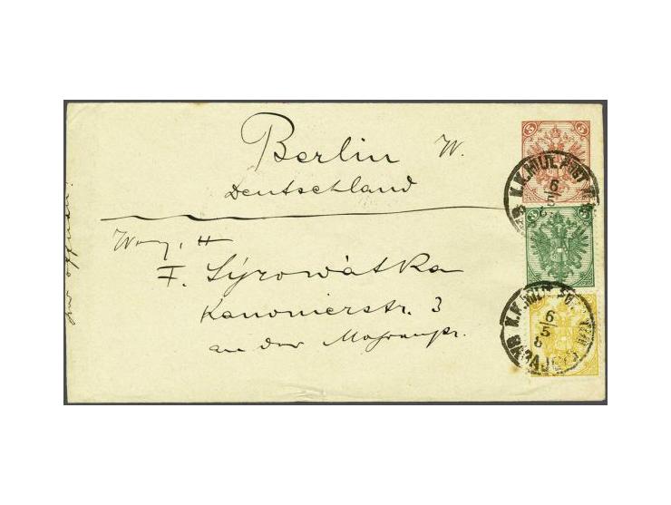 Coat of Arms 2 kreuzer yellow and 3 kreuzer green typographic printing on envelope Ferchenbauer no. 1 from Sarajevo 6-5-1889 